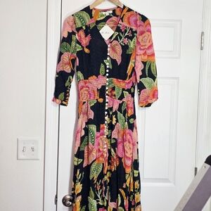 Be Boho Black Floral Long Sleeve Button Up Maxi Dress Small